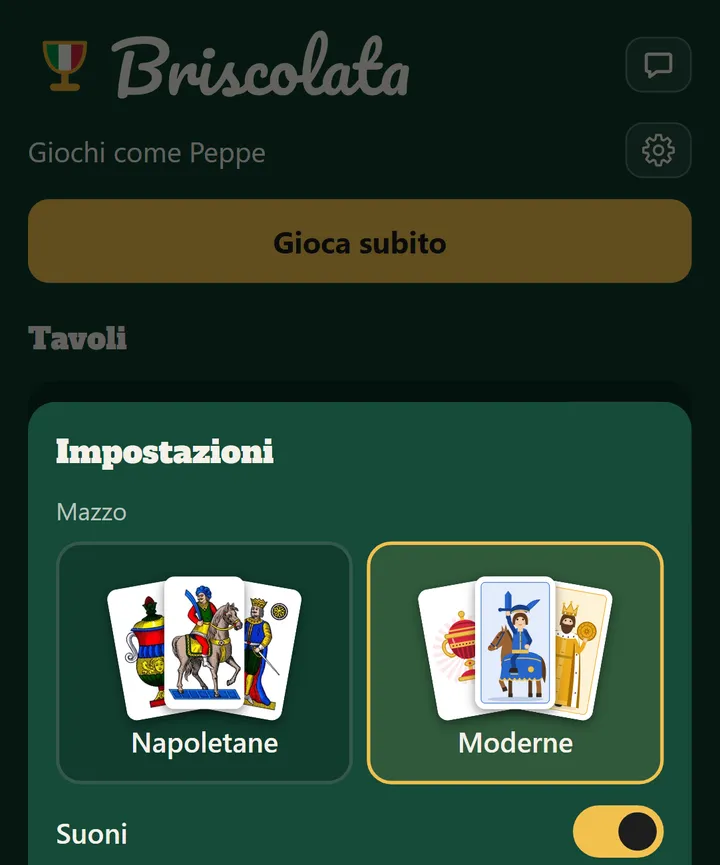 Le impostazioni con la scelta del mazzo